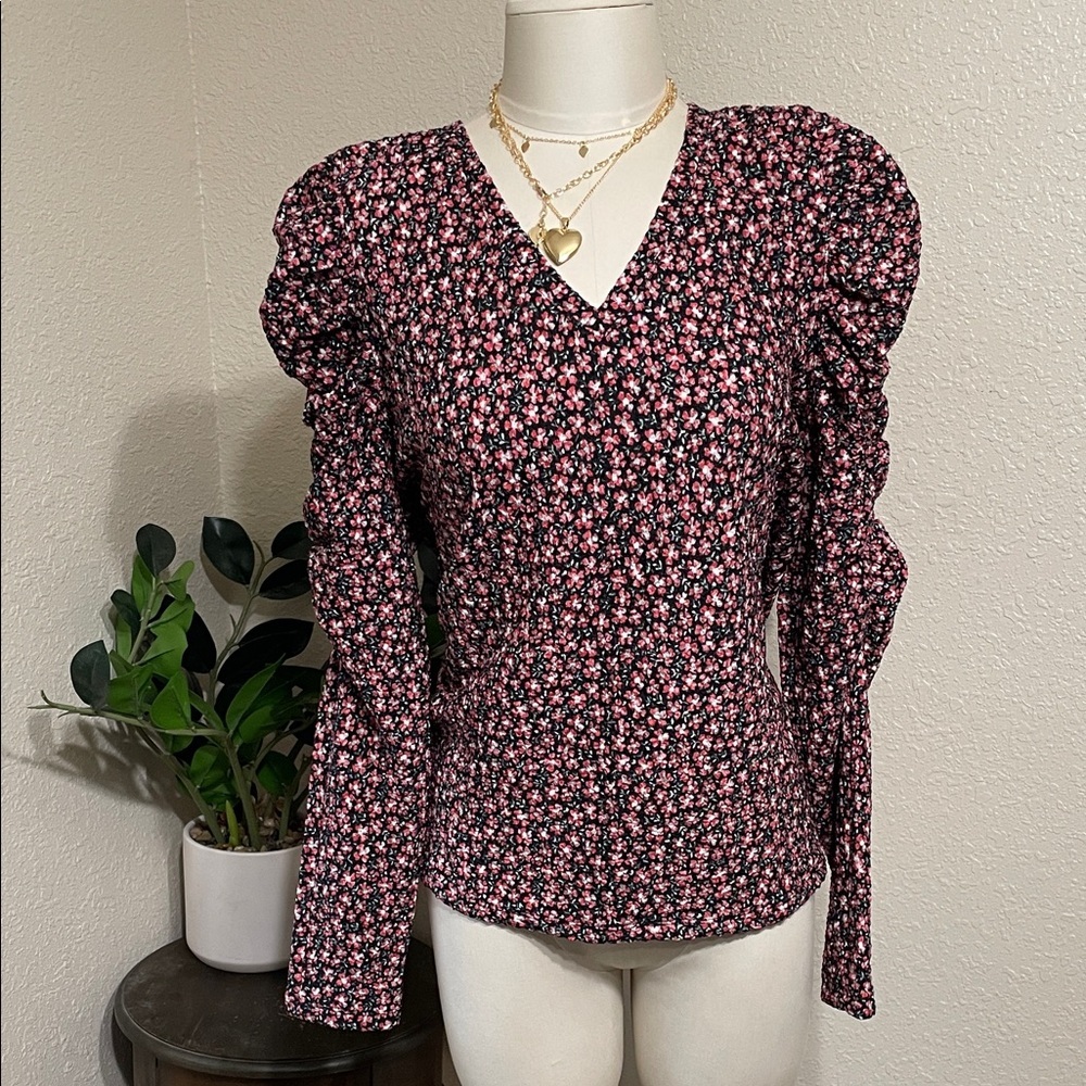 LOFT Pink and Black Floral Puff Sleeve Blouse